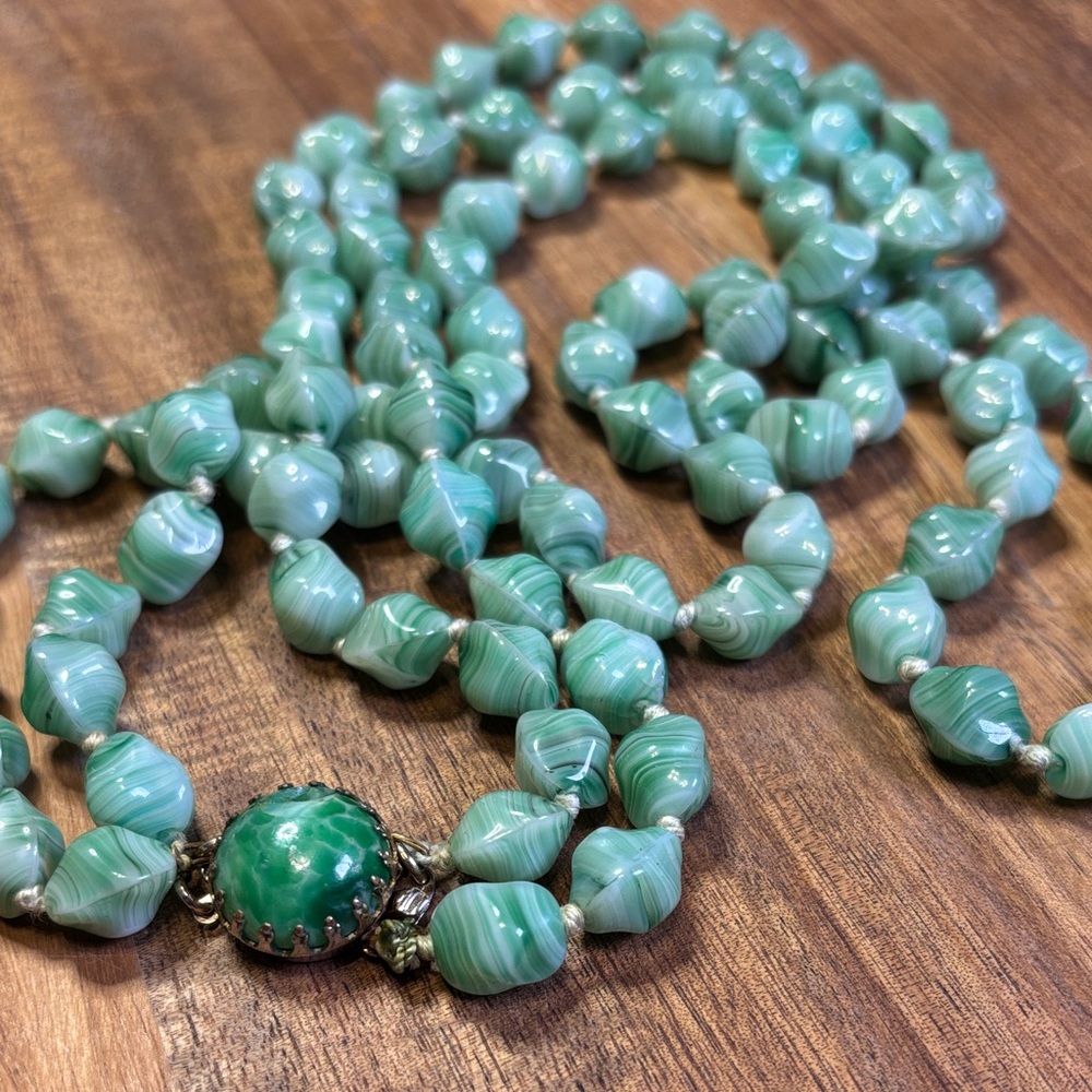 Green & white striped glass necklace